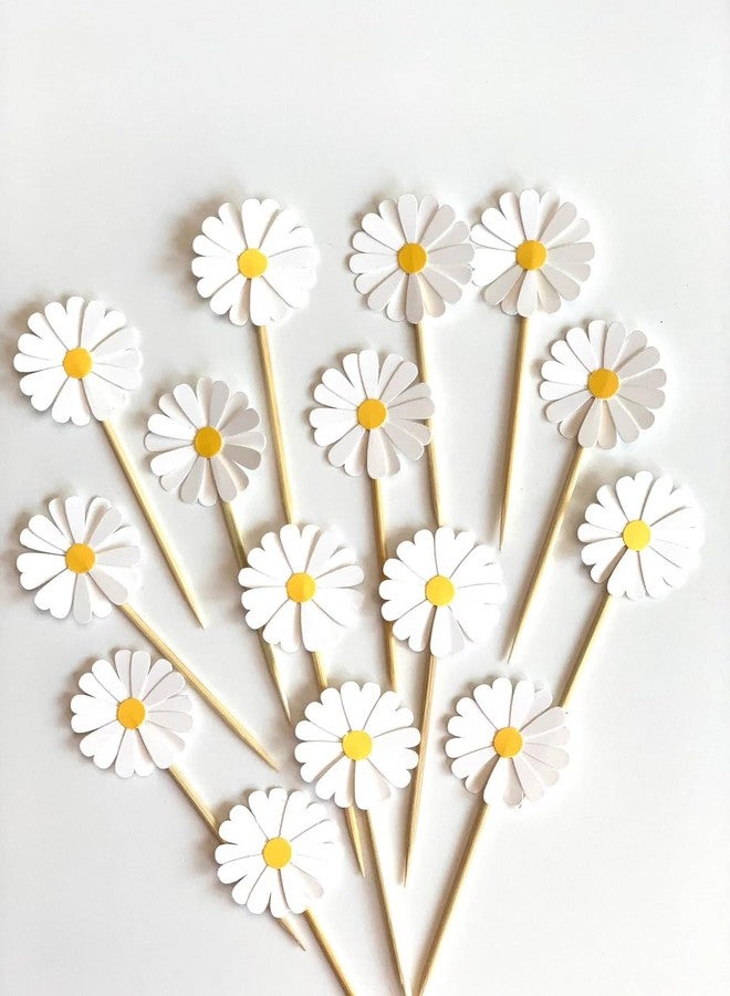 Curious Button White Daisy Cupcake Toppers - Pack of 10 Party Picks | Flower Cupcake Decorations for Birthday, Wedding, Baby Shower, Bridal Shower & Garden Party (3 Inch Stick, 1 Inch Flower) - Image 1